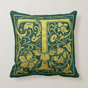 Letter T First Letter Faux Gold Green Cushion