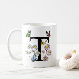 Letter T Floral Butterfly Monogram Initial   Coffee Mug