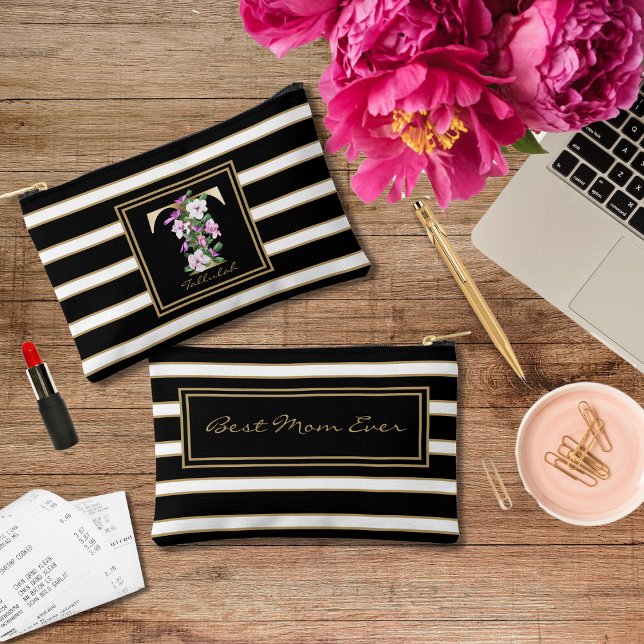 Letter T Floral Monogram Black White Gold Stripes Accessory Pouch (Creator Uploaded)