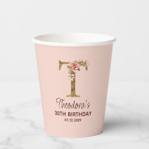 Letter T Gold Monogram Blush Pink Roses Paper Cups