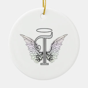 Letter T Initial Monogram with Angel Wings & Halo Ceramic Ornament