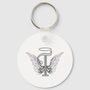 Letter T Initial Monogram with Angel Wings & Halo Key Ring