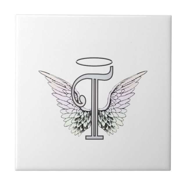 Letter T Initial Monogram with Angel Wings & Halo Tile (Front)