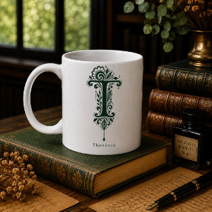 Letter T Linocut Botanical Personalised Mug