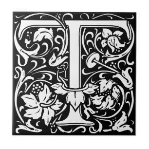 Letter T Mediaeval Monogram Art Nouveau Ceramic Tile
