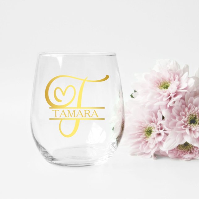 Letter T Monogram Bridesmaid Gift, Modern Elegant Stemless Wine Glass (stemless wine glass for a bridesmaid gift that has a gold split t monogram and customized with name)