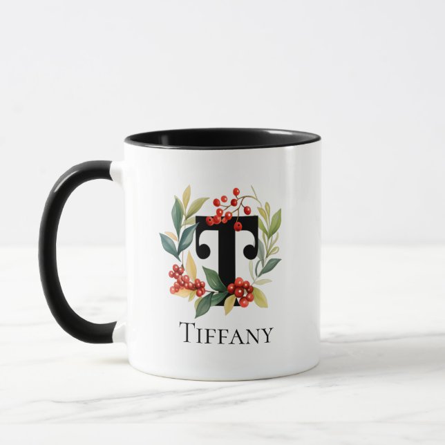 Letter T Monogram Initial Christmas Berry Wreath Mug (Left)