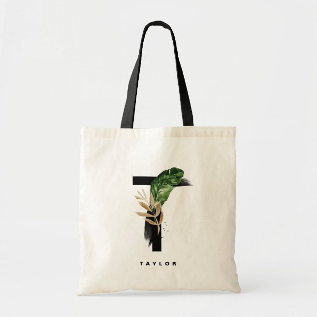 Letter T Monogram | Tropical Leaves Bridesmaid Tote Bag (Front)