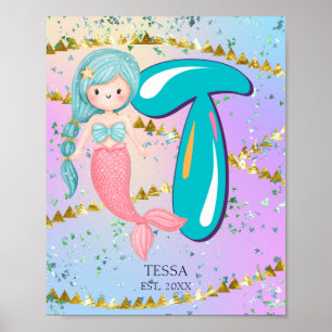 Letter T Monogram Watercolor Cute Mermaid Nursery Poster