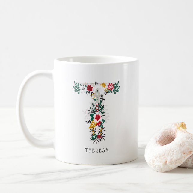Letter T | Whimsical Floral Letter Monogram I Mug (With Donut)
