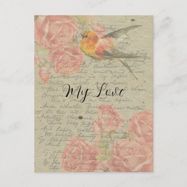 Letter to My Love Goldfinch Pink Roses Handwriting Holiday Postcard (Front)