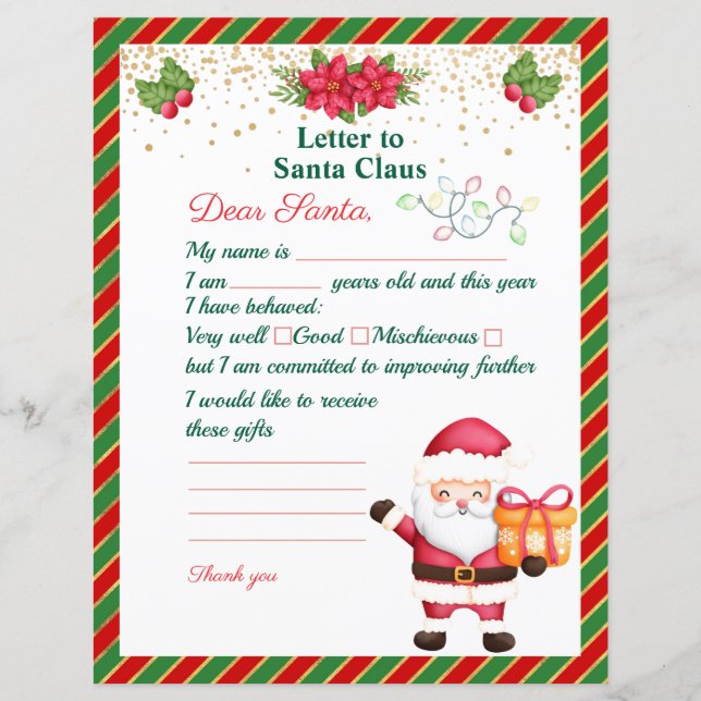 Letter to Santa Claus Christmas Wish List For Kids (Front)