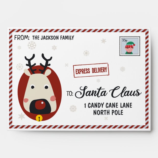 Letter to Santa w/ reindeer snowflakes & elf stamp Envelope (Front)