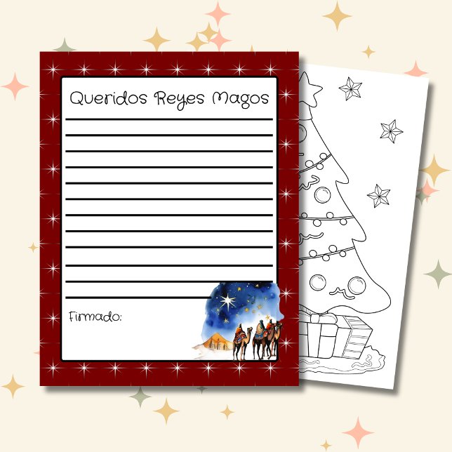 Letter to the Three Wise Men Red + Colouring Page (Spanish Letter to the wise men red, custom text & kids name. Con Jesus en el camino)