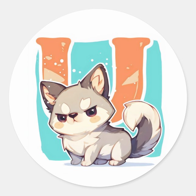Letter U Anime Grumpy Dog Classic Round Sticker (Front)