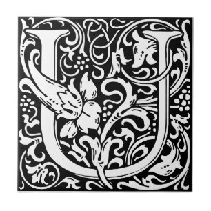 Letter U art nouveau black and white Tile