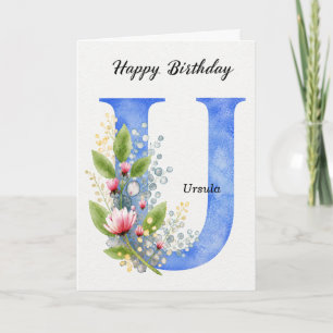 Letter U Birthday Custom Name Her Blue Monogram Card