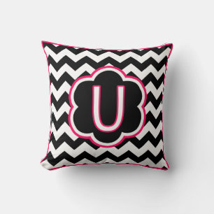 Letter U Black and White Chevron Monogram Cushion