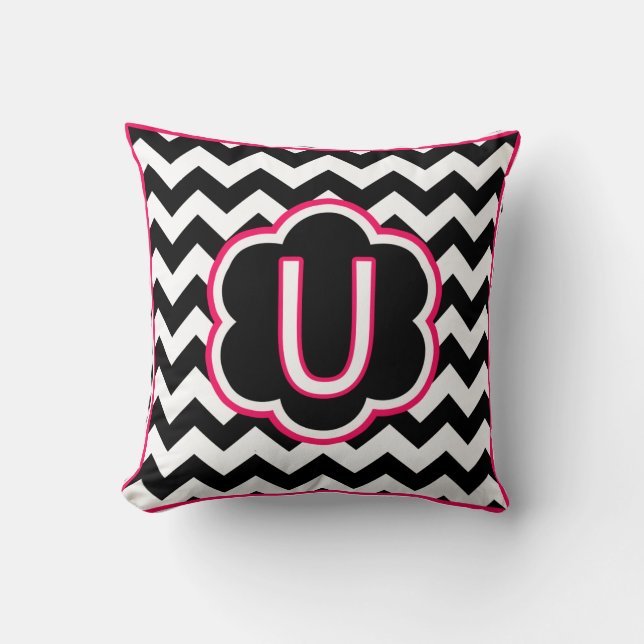 Letter U Black and White Chevron Monogram Cushion (Front)
