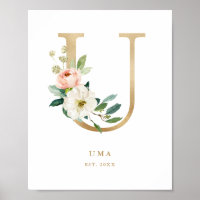 Letter U Blush Floral Monogram Gold Foil Nursery
