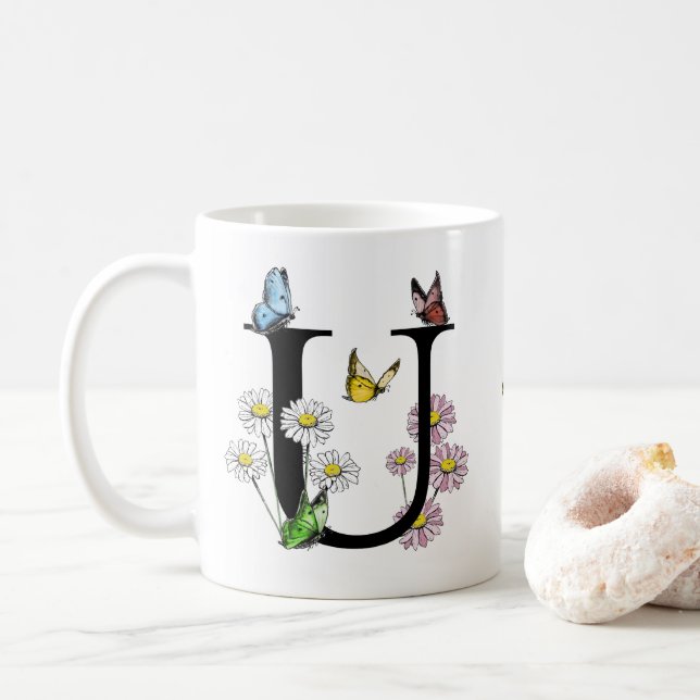 Letter U Floral Butterfly Monogram Initial    Coffee Mug (With Donut)