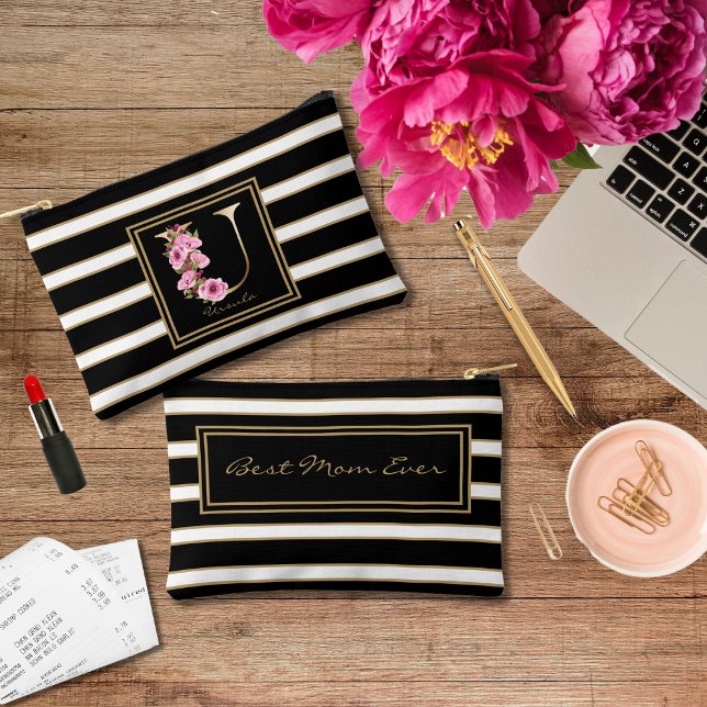 Letter U Floral Monogram Black White Gold Stripes Accessory Pouch (Creator Uploaded)