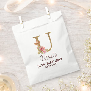 Letter U Gold Monogram Blush Pink Roses Favour Bag