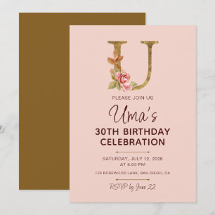 Letter U Gold Monogram Blush Pink Roses Invitation