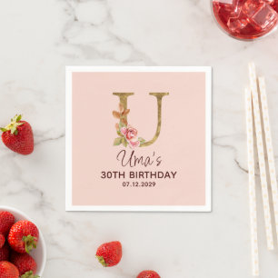 Letter U Gold Monogram Blush Pink Roses Napkin