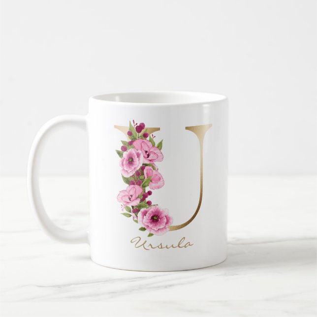Letter U Gold Monogram Pink Magenta Floral Coffee Mug (Left)