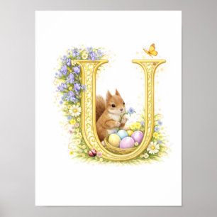 Letter U Gold Spring Nature Monogram Squirrel Kids Poster