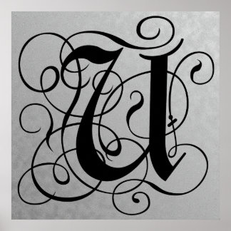 Letter U, Gothic Monogram Black Poster