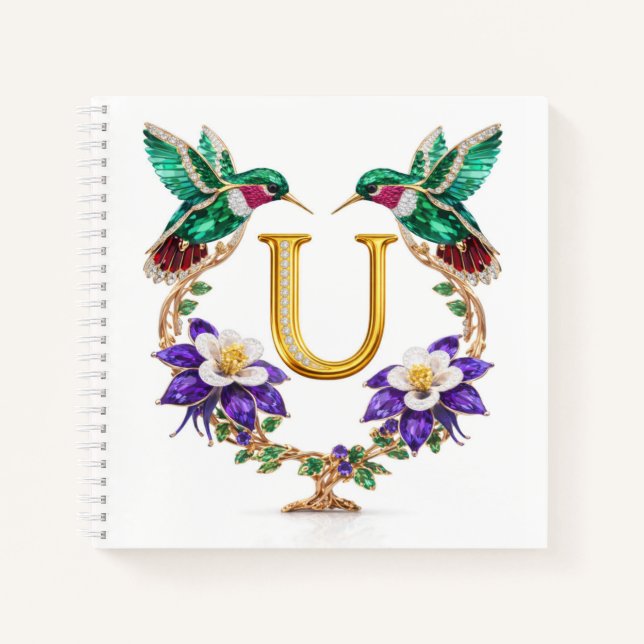 Letter U Jeweled Hummingbird Luxury Wedding Gift Notebook (Front)