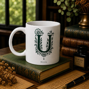 Letter U Linocut Botanical Personalised Mug