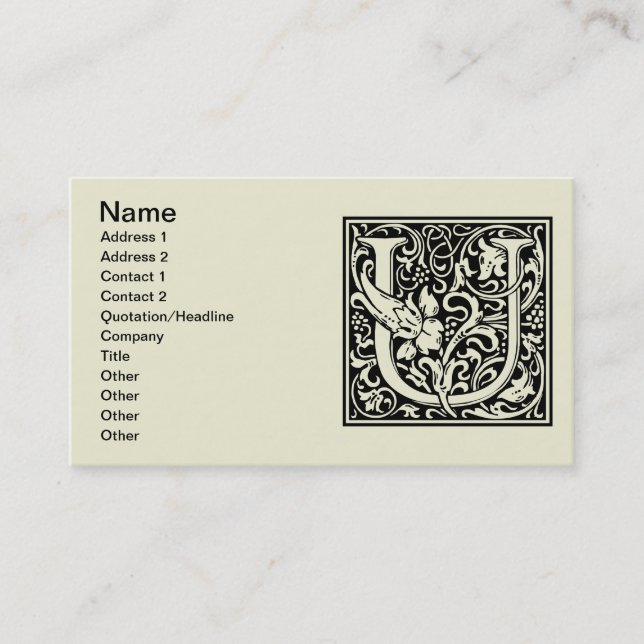Letter U Mediaeval Monogram Art Nouveau Business Card (Front)