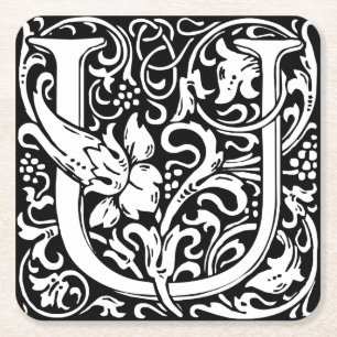 Letter U Mediaeval Monogram Art Nouveau Square Paper Coaster