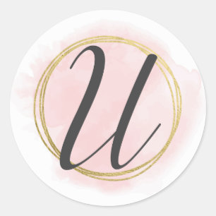 Letter U Monogram Blush Pink Watercolor Gold Chic Classic Round Sticker