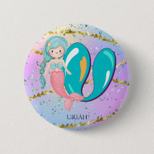 Letter U Monogram Watercolor Cute Mermaid Nursery 6 Cm Round Badge