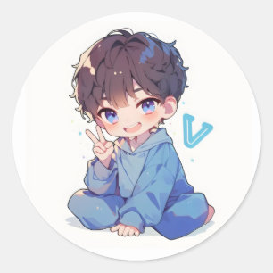 Letter V Anime Boy Classic Round Sticker