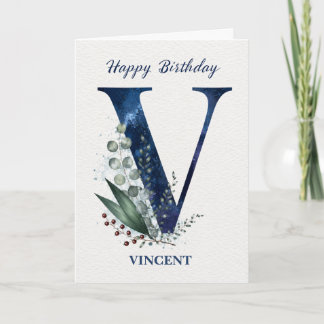 Letter V Birthday for Him Personalised Name Blue Card