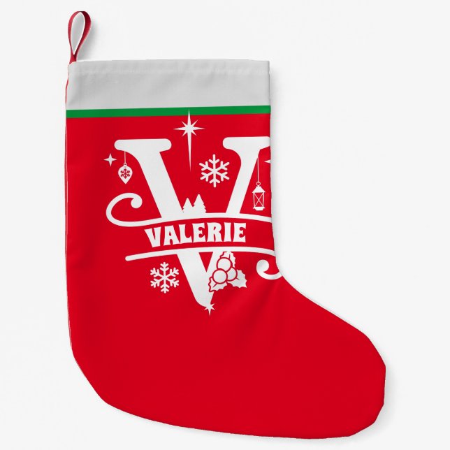 Letter V Christmas Monogram Initial Name Red White Small Christmas Stocking (Front)