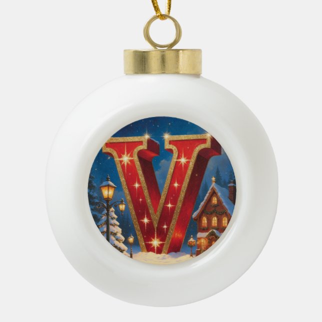 Letter V Christmas Village Personalized Initial Ceramic Ball Christmas Ornament (Front)
