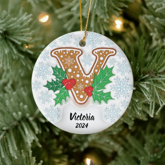 Letter V Custom Name Monogram Christmas Ceramic Ornament (Tree)