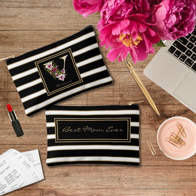 Letter V Floral Monogram Black White Gold Stripes Accessory Pouch (Creator Uploaded)