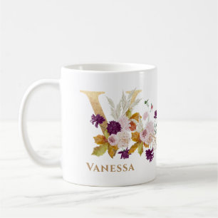 Letter V - Gold Floral Name sister coworker friend Coffee Mug