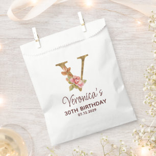 Letter V Gold Monogram Blush Pink Roses Favour Bag