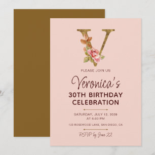 Letter V Gold Monogram Blush Pink Roses Invitation