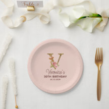 Letter V Gold Monogram Blush Pink Roses