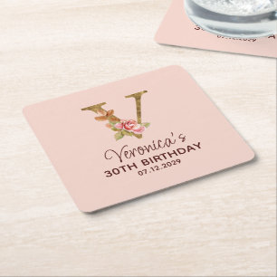 Letter V Gold Monogram Blush Pink Roses Square Paper Coaster