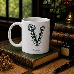 Letter V Linocut Botanical Personalised Mug